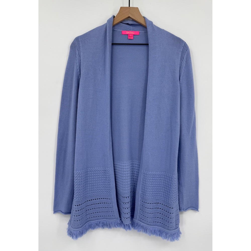 Lilly Pulitzer Sweater Womens Small Blue Purple Cardigan Cotton Fringe Open Knit